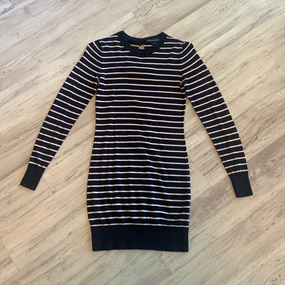 Navy and white striped French Connection sweater dress.